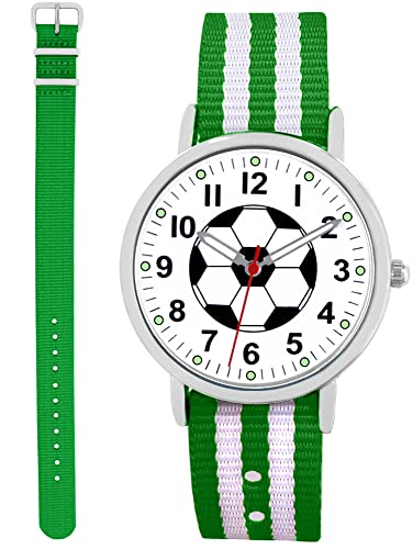 Pacific Time Jungen Armbanduhr Kinder Fußball Uhr Leuchtzeiger analog Quarz Nylon Armband 2X Wechselarmband grün + grün weiß 86731 von Pacific Time