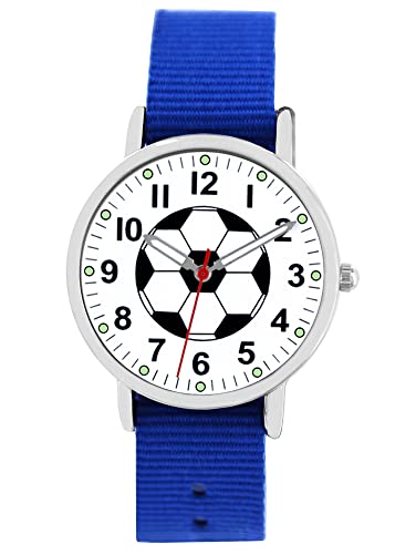 Pacific Time Jungen Armbanduhr Kinder Fußball Uhr Leuchtzeiger analog Quarz Nylon Armband Wechselarmband royal blau 86660 von Pacific Time