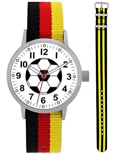 Pacific Time Kinder Armbanduhr Jungen Fußball Zeiger leuchten im Dunkeln 2 Wechsel Textilarmband Deutschland und gelb schwarz Analog Quarz 87032 von Pacific Time