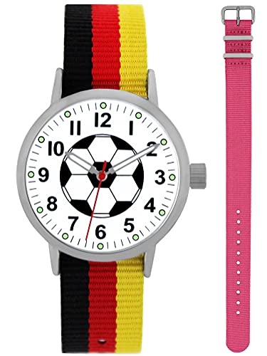 Pacific Time Kinder Armbanduhr Jungen Fußball Zeiger leuchten im Dunkeln 2 Wechsel Textilarmband Deutschland und rosa Analog Quarz 87037 von Pacific Time