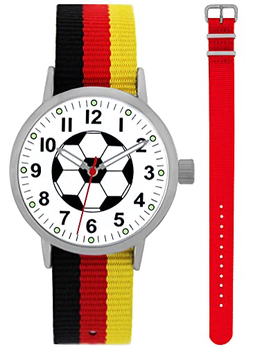 Pacific Time Kinder Armbanduhr Jungen Fußball Zeiger leuchten im Dunkeln 2 Wechsel Textilarmband Deutschland und rot Analog Quarz 87024 von Pacific Time