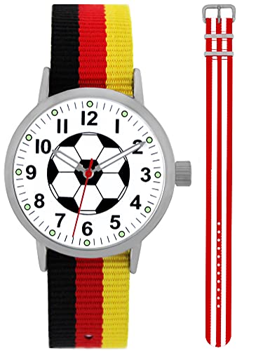 Pacific Time Kinder Armbanduhr Jungen Fußball Zeiger leuchten im Dunkeln Wechsel Textilarmband Deutschland + rot-Weiss Analog Quarz 87023 von Pacific Time