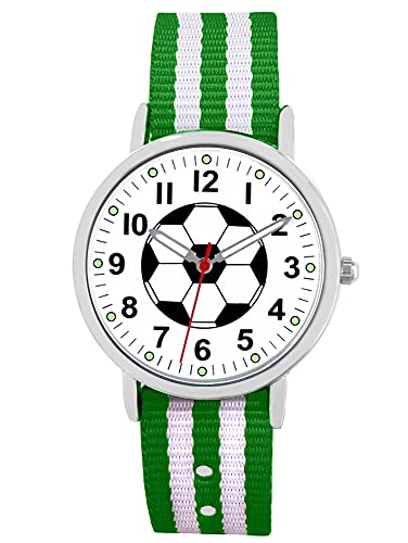 Pacific Time Kinder Armbanduhr Jungen Fußball Zeiger leuchten im Dunkeln Wechsel Textilarmband grün Weiss Analog Quarz 86721 von Pacific Time