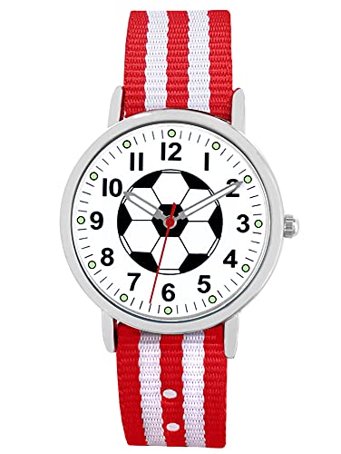 Pacific Time Kinder Armbanduhr Jungen Fußball Zeiger leuchten im Dunkeln Wechsel Textilarmband rot Weiss Analog Quarz 86921 von Pacific Time