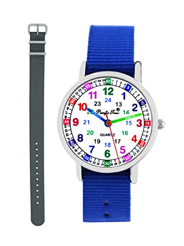 Pacific Time Kinder Armbanduhr Jungen Lernuhr 2 Wechsel Textilarmband Royalblau grau analog Quarz 11110 von Pacific Time