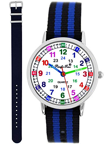 Pacific Time Kinder Armbanduhr Jungen Lernuhr 2 Wechsel Textilarmband blau schwarz-blau analog Quarz 11140 von Pacific Time