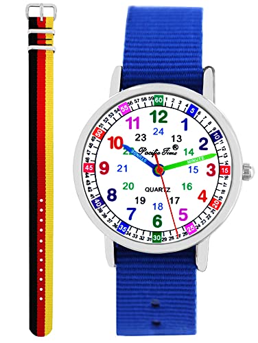 Pacific Time Kinder Armbanduhr Jungen Mädchen Lernuhr Kinderuhr Set 2 Textil Armband royal blau + Deutschland analog Quarz 11152 von Pacific Time