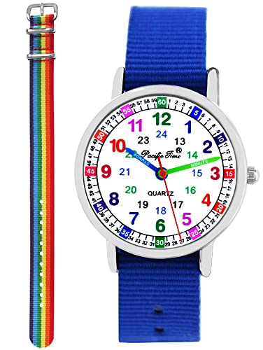 Pacific Time Kinder Armbanduhr Jungen Mädchen Lernuhr Kinderuhr Set 2 Textil Armband royal blau + bunt Regenbogen analog Quarz 11153 von Pacific Time