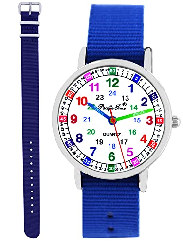 Pacific Time Kinder Armbanduhr Jungen Mädchen Lernuhr Kinderuhr Set 2 Textil Armband royal blau + dunkel blau analog Quarz 11143 von Pacific Time