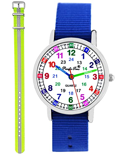 Pacific Time Kinder Armbanduhr Jungen Mädchen Lernuhr Kinderuhr Set 2 Textil Armband royal blau + gelb reflekierend analog Quarz 11150 von Pacific Time