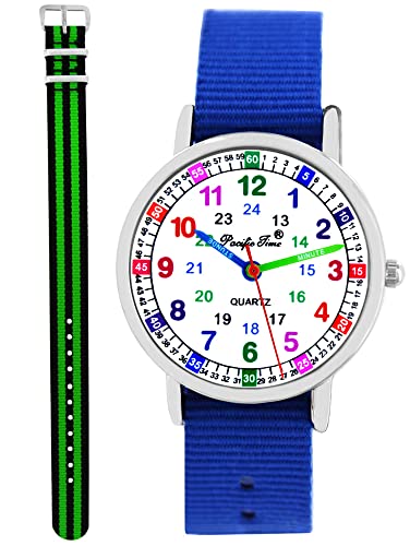 Pacific Time Kinder Armbanduhr Jungen Mädchen Lernuhr Kinderuhr Set 2 Textil Armband royal blau + grün schwarz analog Quarz 11146 von Pacific Time