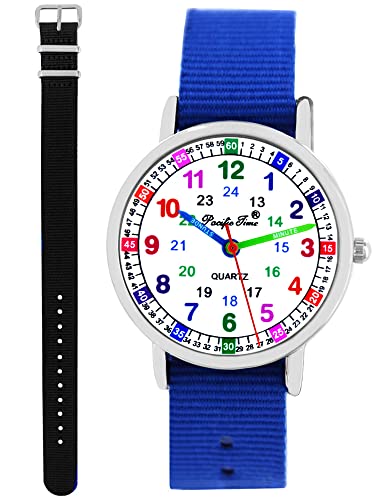 Pacific Time Kinder Armbanduhr Jungen Mädchen Lernuhr Kinderuhr Set 2 Textil Armband royal blau + schwarz analog Quarz 11148 von Pacific Time