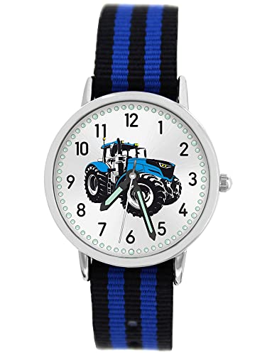 Pacific Time Kinder Armbanduhr Jungen Traktor für Kinder blau Trecker Kinderuhr Auto Car Textilarmband Leuchtzeiger Analog Quarz 87611 von Pacific Time