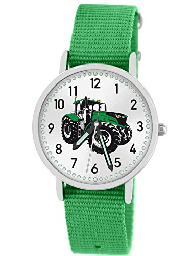 Pacific Time Kinder Armbanduhr Jungen Traktor für Kinder grün Trecker Kinderuhr Auto Car Textilarmband Leuchtzeiger Analog Quarz 87635 von Pacific Time