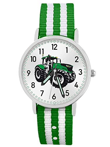 Pacific Time Kinder Armbanduhr Jungen Traktor für Kinder grün Trecker Kinderuhr Auto Car Textilarmband Leuchtzeiger Analog Quarz 87647 von Pacific Time