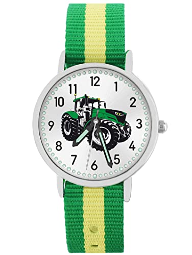 Pacific Time Kinder Armbanduhr Jungen Traktor für Kinder grün Trecker Kinderuhr Auto Car Textilarmband grün gelb Leuchtzeiger Analog Quarz 87659 von Pacific Time