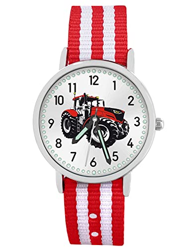 Pacific Time Kinder Armbanduhr Jungen Traktor für Kinder rot Trecker Kinderuhr Auto Car Textilarmband Leuchtzeiger Analog Quarz 87676 von Pacific Time