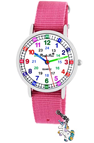 Pacific Time Kinder Armbanduhr Mädchen 4 Einhorn Anhänger Uhr Lernuhr Geschenk Set Textil Wechselarmband rosa analog Quarz 10931 von Pacific Time