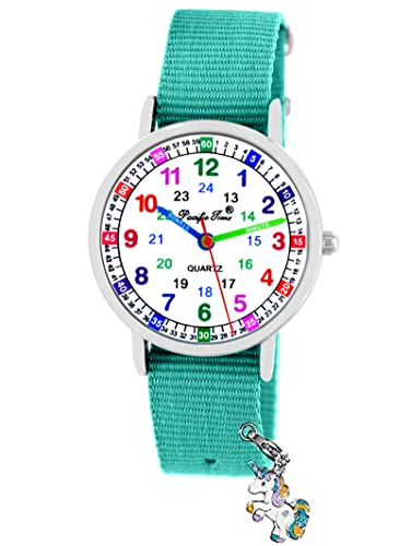 Pacific Time Kinder Armbanduhr Mädchen 4 Einhorn Anhänger Uhr Lernuhr Geschenk Set Textil Wechselarmband türkis analog Quarz 10932 von Pacific Time