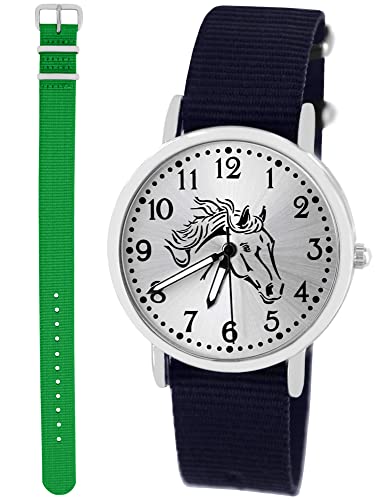 Pacific Time Kinder Armbanduhr Mädchen Junge Pferd Kinderuhr Set 2 Textil Armband dunkel blau + grün analog Quarz 10411 von Pacific Time