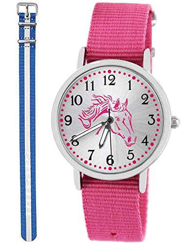 Pacific Time Kinder Armbanduhr Mädchen Junge Pferd Kinderuhr Set 2 Textil Armband rosa + blau reflektierend analog Quarz 10561 von Pacific Time