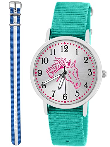 Pacific Time Kinder Armbanduhr Mädchen Junge Pferd Kinderuhr Set 2 Textil Armband rosa + blau reflektierend analog Quarz 10580 von Pacific Time