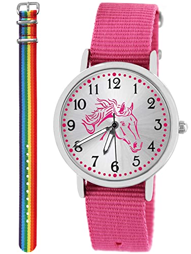Pacific Time Kinder Armbanduhr Mädchen Junge Pferd Kinderuhr Set 2 Textil Armband rosa + bunt Regenbogen analog Quarz 10555 von Pacific Time