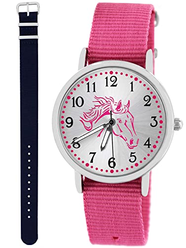 Pacific Time Kinder Armbanduhr Mädchen Junge Pferd Kinderuhr Set 2 Textil Armband rosa + dunkel blau analog Quarz 10554 von Pacific Time