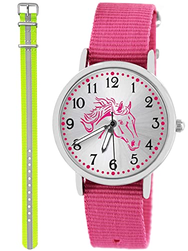 Pacific Time Kinder Armbanduhr Mädchen Junge Pferd Kinderuhr Set 2 Textil Armband rosa + gelb reflektierend analog Quarz 10559 von Pacific Time