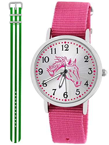 Pacific Time Kinder Armbanduhr Mädchen Junge Pferd Kinderuhr Set 2 Textil Armband rosa + grün Weiss analog Quarz 10557 von Pacific Time