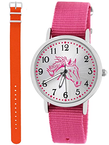 Pacific Time Kinder Armbanduhr Mädchen Junge Pferd Kinderuhr Set 2 Textil Armband rosa + orange analog Quarz 10566 von Pacific Time