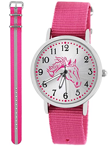 Pacific Time Kinder Armbanduhr Mädchen Junge Pferd Kinderuhr Set 2 Textil Armband rosa + rosa reflektierend analog Quarz 10560 von Pacific Time