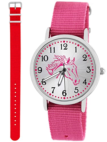 Pacific Time Kinder Armbanduhr Mädchen Junge Pferd Kinderuhr Set 2 Textil Armband rosa + rot analog Quarz 10567 von Pacific Time