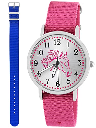 Pacific Time Kinder Armbanduhr Mädchen Junge Pferd Kinderuhr Set 2 Textil Armband rosa + royal blau analog Quarz 10553 von Pacific Time