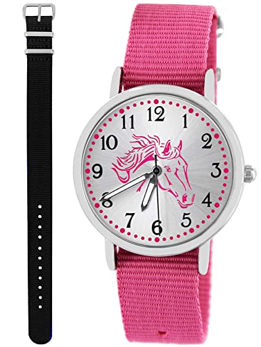 Pacific Time Kinder Armbanduhr Mädchen Junge Pferd Kinderuhr Set 2 Textil Armband rosa + schwarz analog Quarz 10562 von Pacific Time