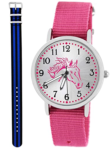 Pacific Time Kinder Armbanduhr Mädchen Junge Pferd Kinderuhr Set 2 Textil Armband rosa + schwarz blau analog Quarz 10564 von Pacific Time