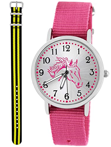 Pacific Time Kinder Armbanduhr Mädchen Junge Pferd Kinderuhr Set 2 Textil Armband rosa + schwarz gelb analog Quarz 10565 von Pacific Time