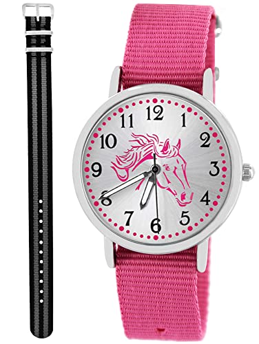 Pacific Time Kinder Armbanduhr Mädchen Junge Pferd Kinderuhr Set 2 Textil Armband rosa + schwarz grau analog Quarz 10563 von Pacific Time