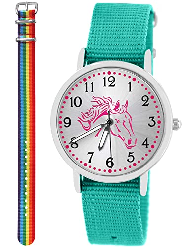 Pacific Time Kinder Armbanduhr Mädchen Junge Pferd Kinderuhr Set 2 Textil Armband türkis + Regenbogen analog Quarz 10574 von Pacific Time