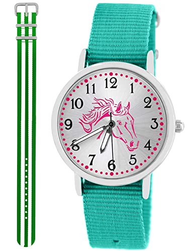Pacific Time Kinder Armbanduhr Mädchen Junge Pferd Kinderuhr Set 2 Textil Armband türkis + grün Weiss analog Quarz 10575 von Pacific Time