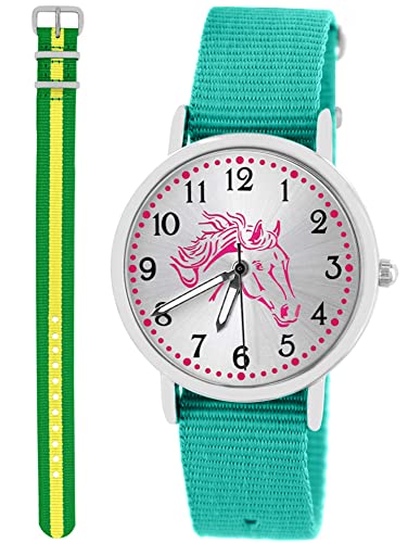 Pacific Time Kinder Armbanduhr Mädchen Junge Pferd Kinderuhr Set 2 Textil Armband türkis + grün gelb analog Quarz 10577 von Pacific Time