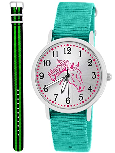 Pacific Time Kinder Armbanduhr Mädchen Junge Pferd Kinderuhr Set 2 Textil Armband türkis + grün schwarz analog Quarz 10576 von Pacific Time