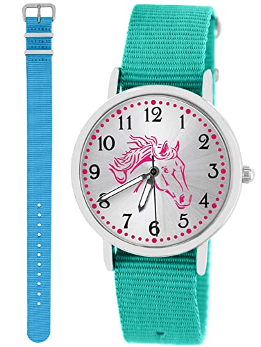 Pacific Time Kinder Armbanduhr Mädchen Junge Pferd Kinderuhr Set 2 Textil Armband türkis + hellblau analog Quarz 10571 von Pacific Time