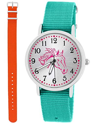 Pacific Time Kinder Armbanduhr Mädchen Junge Pferd Kinderuhr Set 2 Textil Armband türkis + orange analog Quarz 10585 von Pacific Time