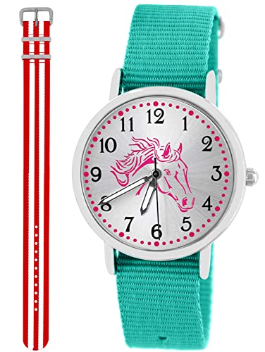 Pacific Time Kinder Armbanduhr Mädchen Junge Pferd Kinderuhr Set 2 Textil Armband türkis + rot Weiss analog Quarz 10587 von Pacific Time