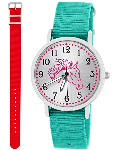 Pacific Time Kinder Armbanduhr Mädchen Junge Pferd Kinderuhr Set 2 Textil Armband türkis + rot analog Quarz 10586 von Pacific Time