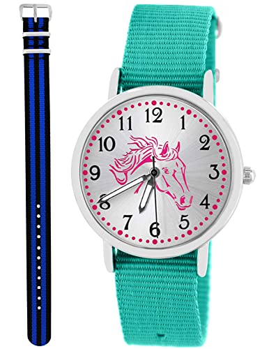 Pacific Time Kinder Armbanduhr Mädchen Junge Pferd Kinderuhr Set 2 Textil Armband türkis + schwarz blau analog Quarz 10583 von Pacific Time