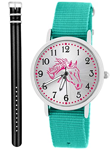 Pacific Time Kinder Armbanduhr Mädchen Junge Pferd Kinderuhr Set 2 Textil Armband türkis + schwarz grau analog Quarz 10582 von Pacific Time