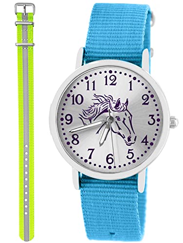 Pacific Time Kinder Armbanduhr Mädchen Junge Pferd Motivuhr Kinderuhr Set 2 Textil Armband hellblau + gelb reflektierend analog Quarz 10382 von Pacific Time