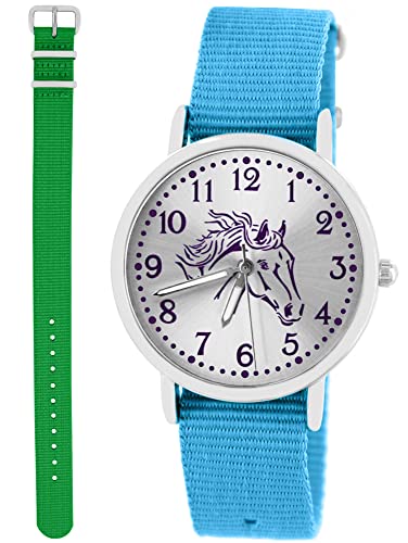 Pacific Time Kinder Armbanduhr Mädchen Junge Pferd Motivuhr Kinderuhr Set 2 Textil Armband hellblau + grün analog Quarz 10376 von Pacific Time